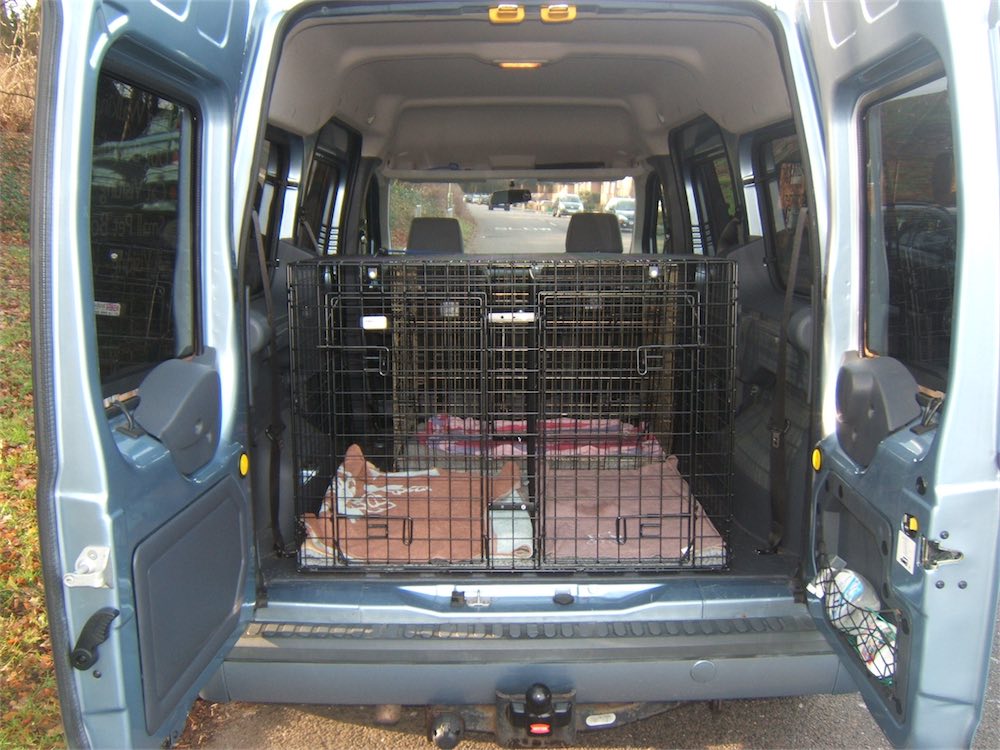 A rear view of the cages in our van
